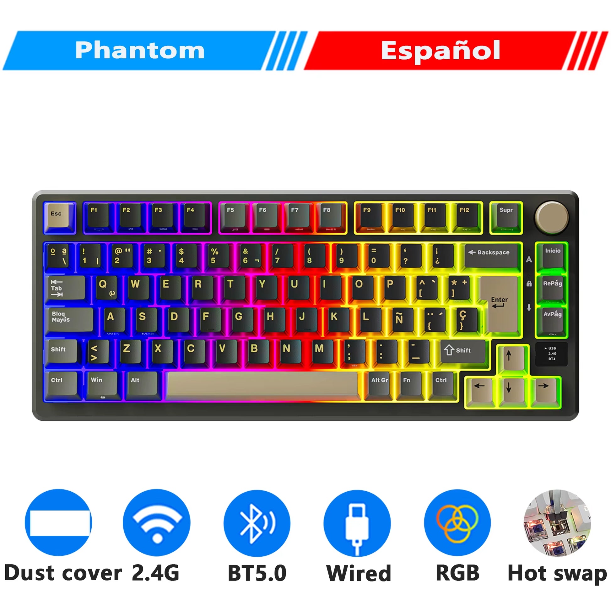 M75  ROYAL KLUDGE 2.4G Wireless/Bluetooth/Usb-C Mechanical Keyboard 81Keys RGB Hot-Swappable Gasket Gamer Keyboard with Screen