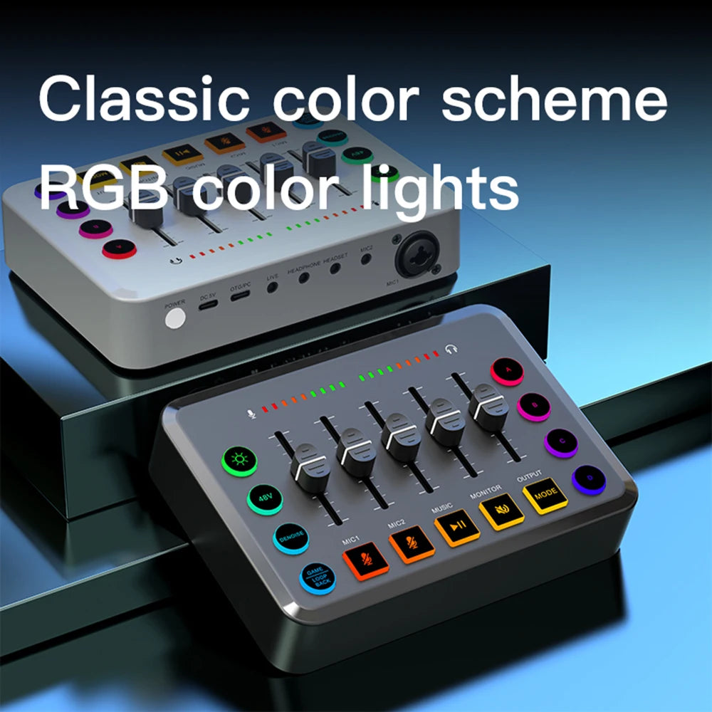 New Gaming Audio Mixer Streaming 5-Channel RGB Mixer with XLR Microphone Interface for Game Voice Podcast Live Streaming