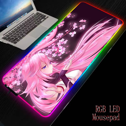 900X400/350X600Mm Anime Pink Flower Hair Girl RGB Large Gaming Mouse Pad LED Lighting Mousepad Gamer Computer Desk Mat Pad