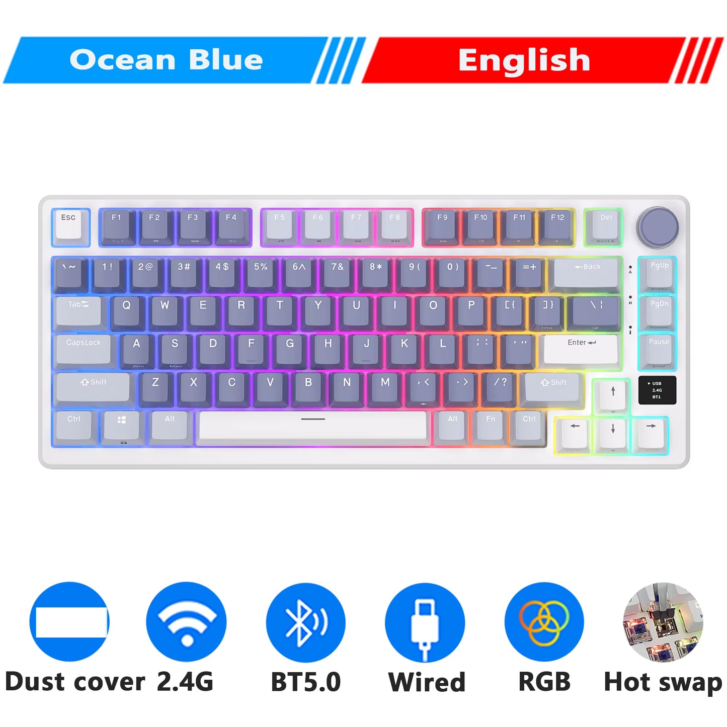 M75  ROYAL KLUDGE 2.4G Wireless/Bluetooth/Usb-C Mechanical Keyboard 81Keys RGB Hot-Swappable Gasket Gamer Keyboard with Screen