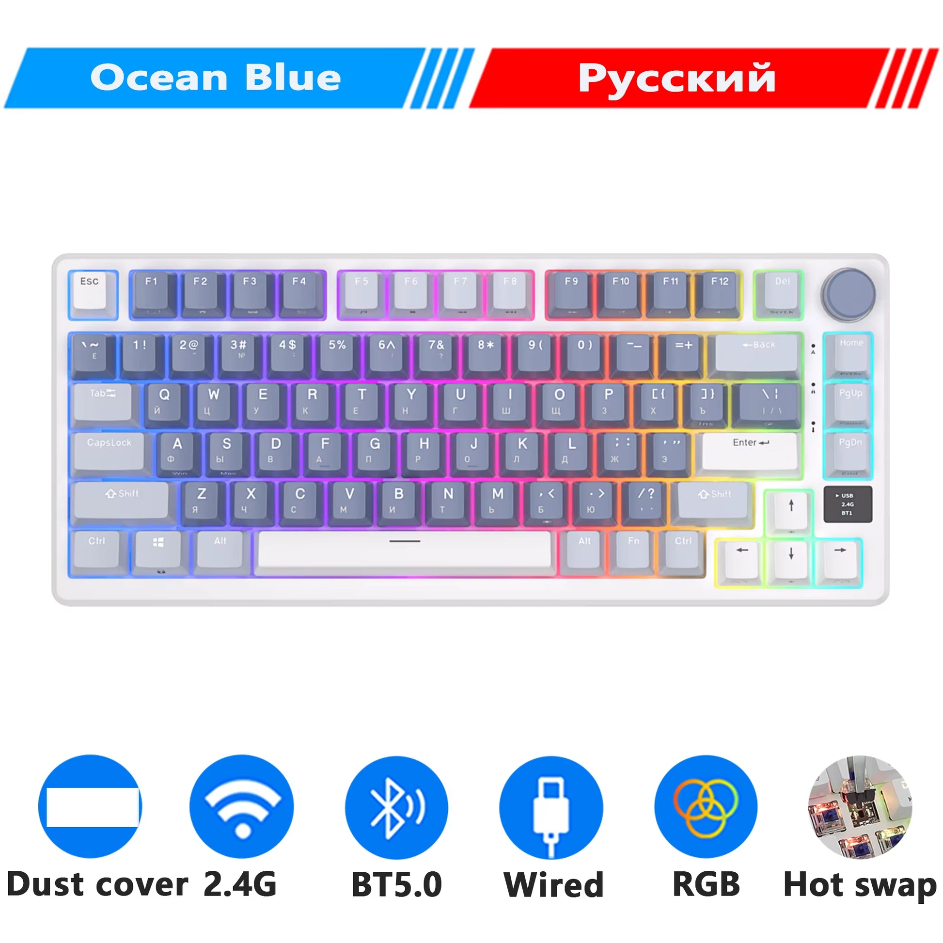 M75  ROYAL KLUDGE 2.4G Wireless/Bluetooth/Usb-C Mechanical Keyboard 81Keys RGB Hot-Swappable Gasket Gamer Keyboard with Screen