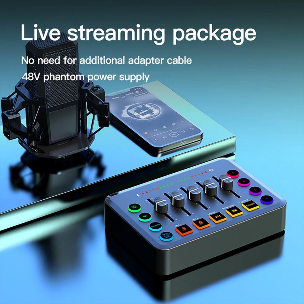 New Gaming Audio Mixer Streaming 5-Channel RGB Mixer with XLR Microphone Interface for Game Voice Podcast Live Streaming