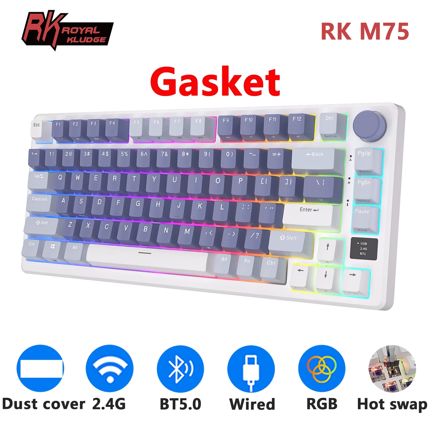 M75  ROYAL KLUDGE 2.4G Wireless/Bluetooth/Usb-C Mechanical Keyboard 81Keys RGB Hot-Swappable Gasket Gamer Keyboard with Screen